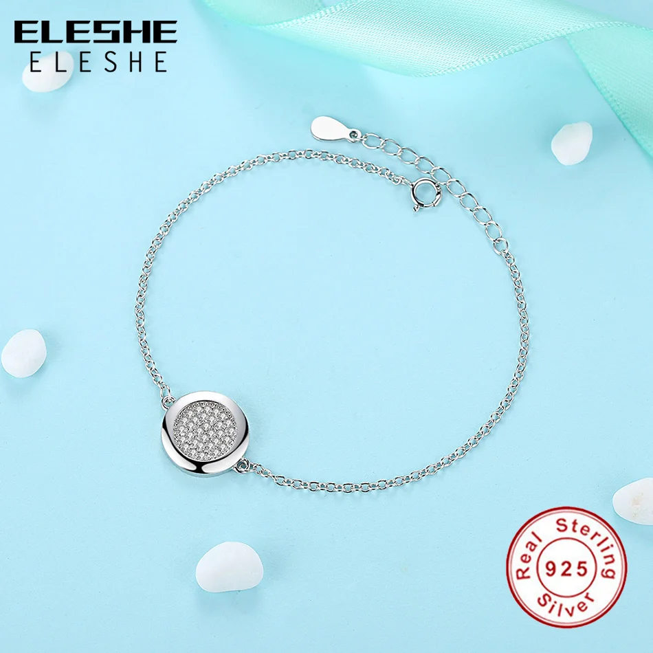 ELESHE Authentic Pure 925 Sterling Silver Clear CZ Round Charm Bracelets & Bangles Luxury Sterling Silver Jewelry