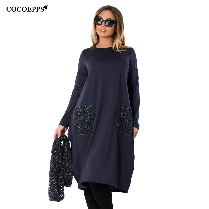 COCOEPPS 5XL 6XL зимнее свободное женское платье большого размера s Повседневное платье с длинным рукавом Новинка размера плюс женская одежда синий Vestidos - Цвет: dark blue