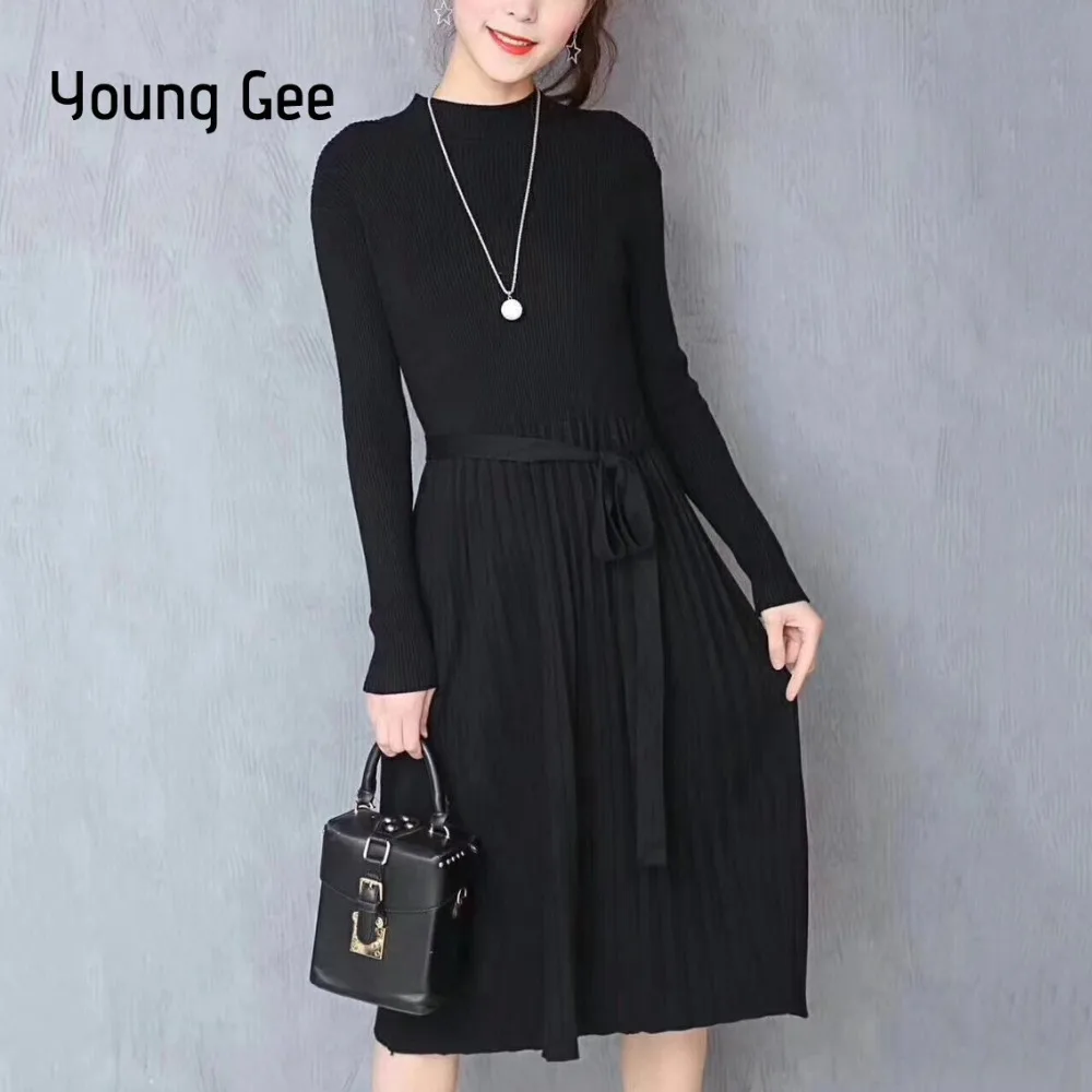 

Young Gee Turtleneck Knitted Sweater Dress Slash Slim Pullover Female vestidos verano 2018 Autumn Winter Casual Pleated Dresses