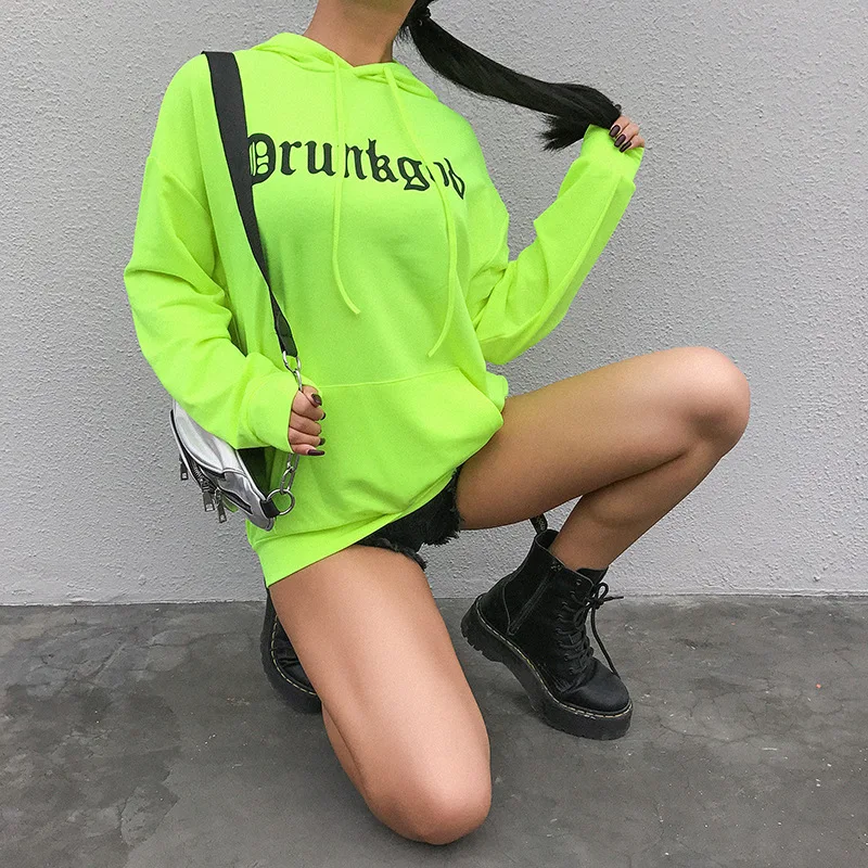 Auyiufar Neon Green Long Sleeve Hooded Sweatshirt Loose Streetwear Gothic Letter Printed Tops Harajuku Pullover Women Autumn Top Auyiufar Neon Green Long Sleeve Hooded Sweatshirt Loose Streetwear Gothic Letter Printed Tops Harajuku Pullover Women Autumn Top