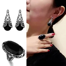 SINLEERY старинный антикварный серебряный цвет комплект ювелирных изделий для женщин опаловые серьги на крючках и большой овальной вставкой из Набор Колец 2 шт./компл. TZ234