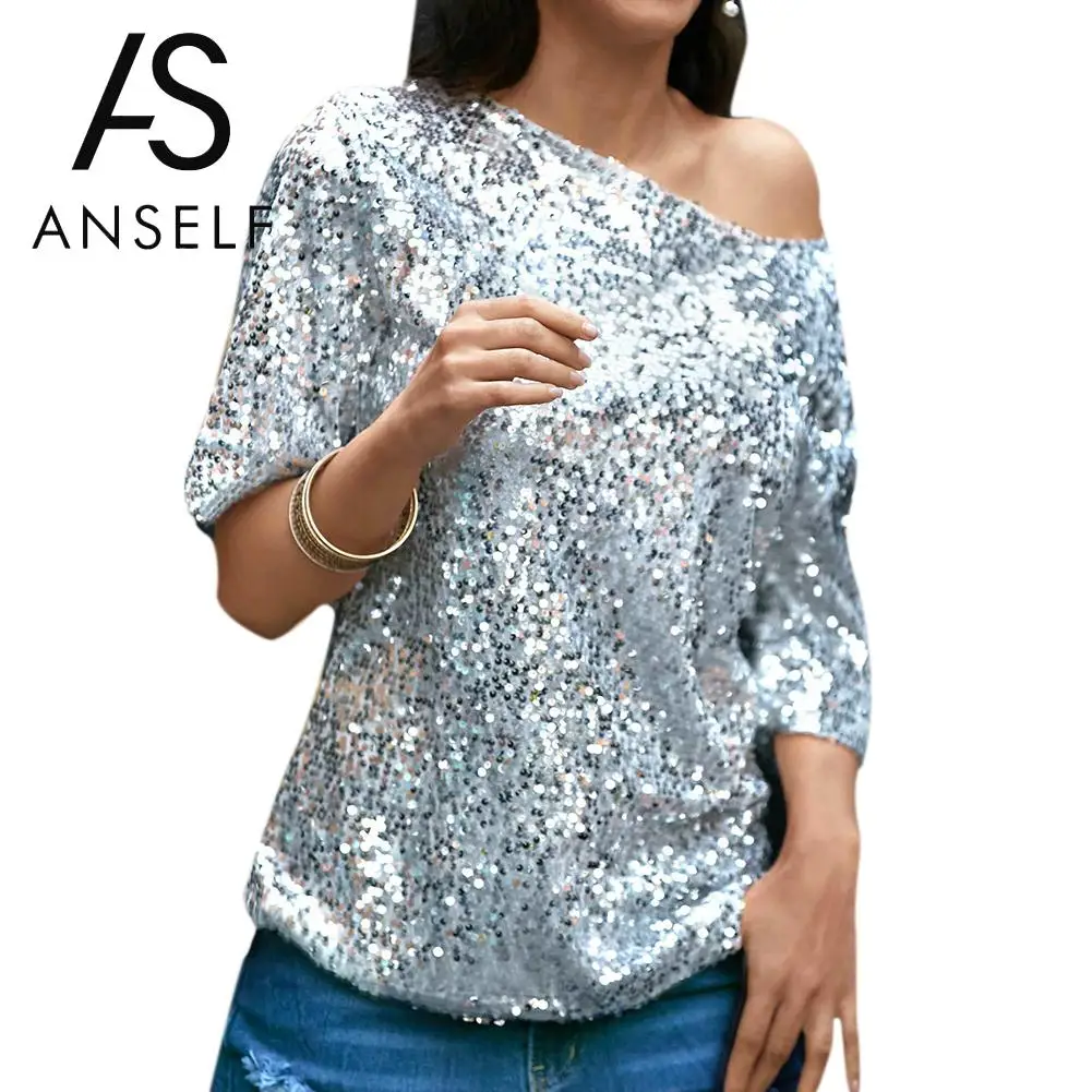 Anself Sexy Top Women Loose Off Shoulder Sequin Glitter Blouses Summer Casual Shirts Vintage Streetwear Party Tops Pink/Silver