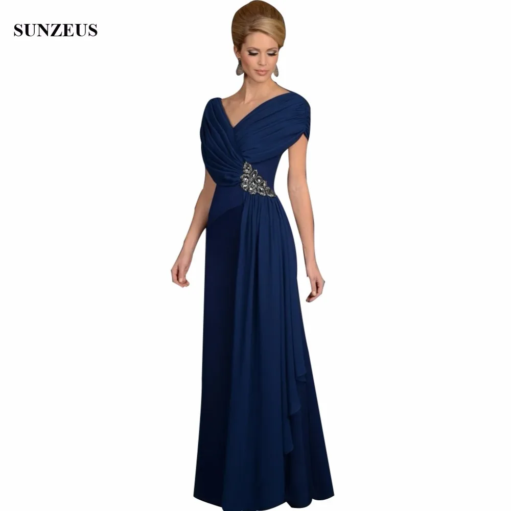 

Elegant V Neck Pleated Chiffon Dark Blue Modest 2018 Custom Made Long Mother of the Bride Dresses Ladies Party Gown CM0107