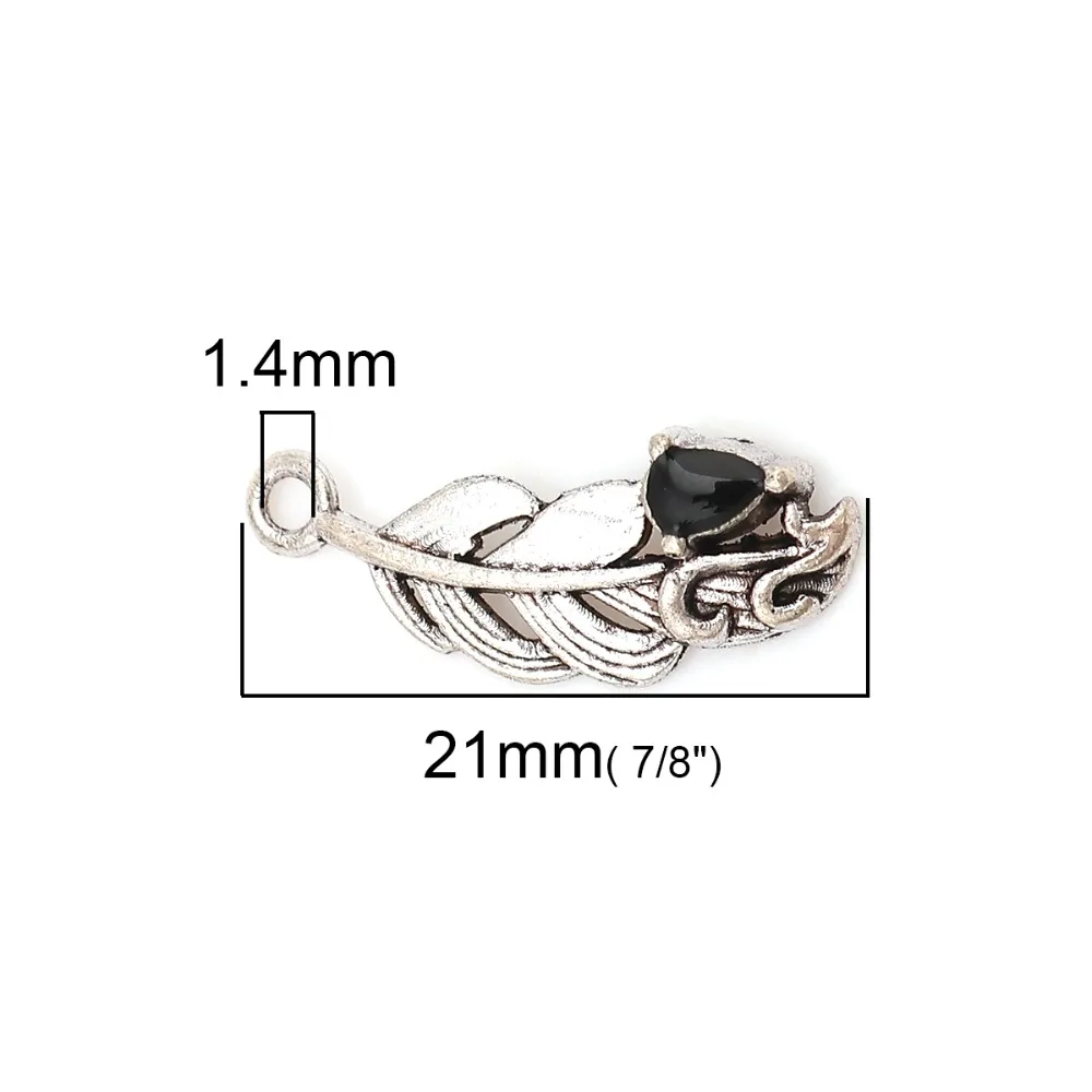 DoreenBeads модные цинковые подвески из сплавов перо античное серебро черный красный эмаль 21 мм(7/") x 9 мм(3/8"), 20 шт