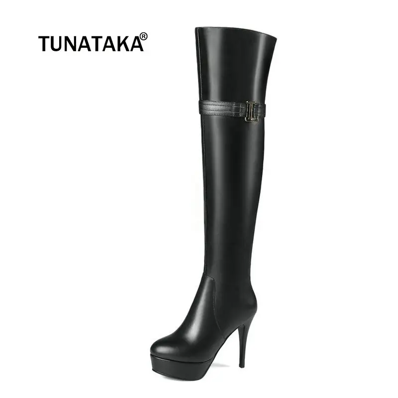 

Genuine Leather Thin High Heel Zipper Woman Over The Knee Boots Fashion Platform Buckle Thigh Boots Laides Black Brown