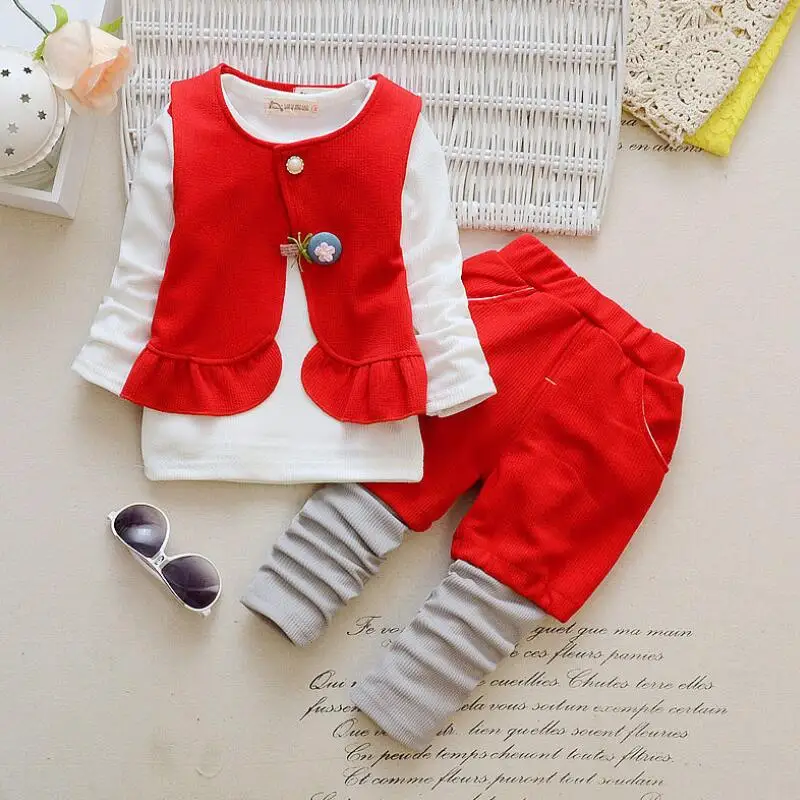 red baby clothes Новинка года, весенне-осенний комплект для малышей, комплекты детской одежды для маленьких девочек хлопковая рубашка с длинными рукавами+ жилет+ штаны, костюм из 3 предметов JW6295 - Цвет: red baby clothes