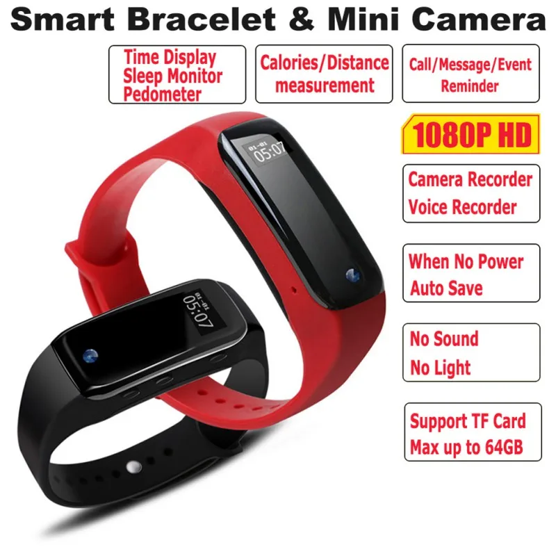 

HD 1080P Camera Video Audio Recorder Sound Voice Recording Sport Fitness Bracelet for IOS 7.1 And Above / Android 4.4 And Above