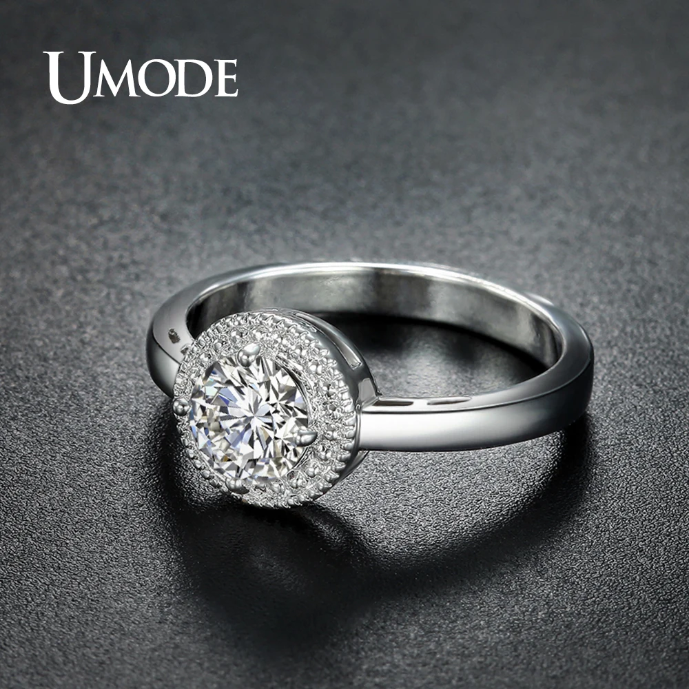 Женское кольцо с фианитом UMODE обручальное круглым кристаллом белого золота