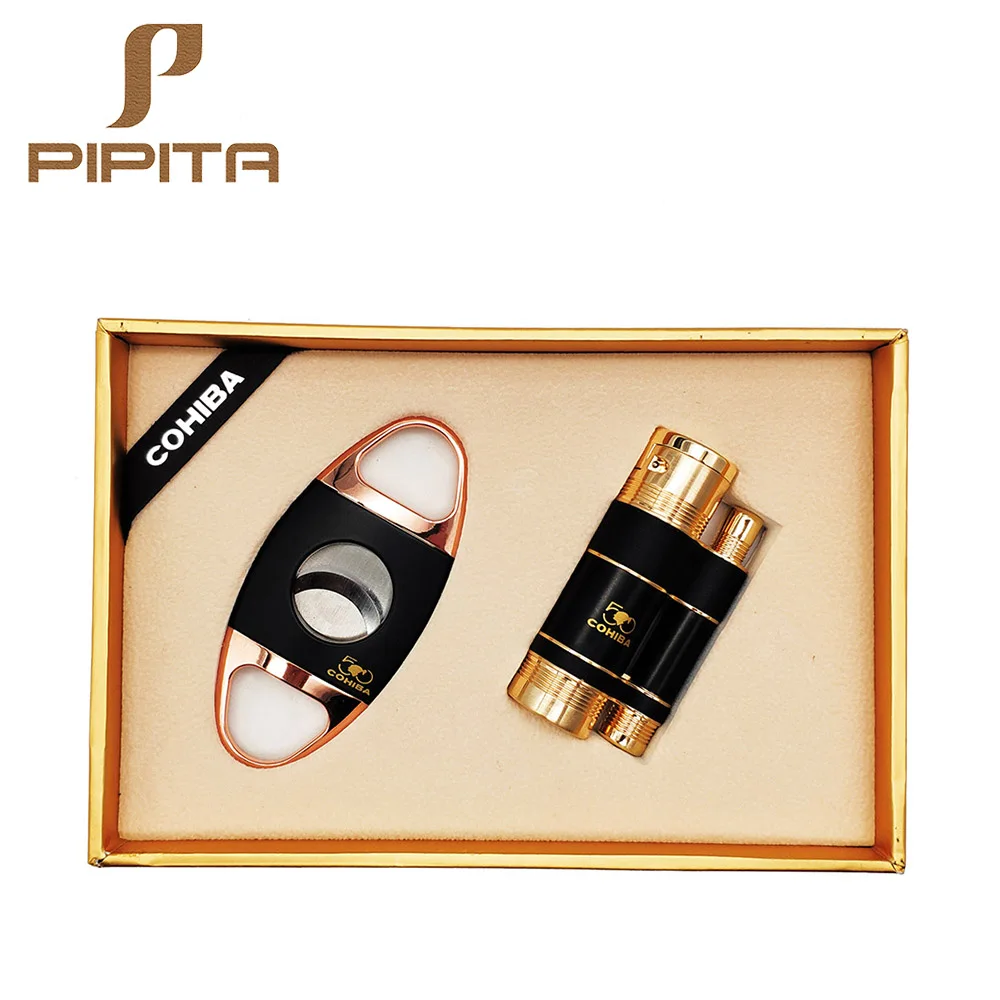 Fashion Cigar Lighter Cutter Set Torch Jet Flame Lighter Double Cigar