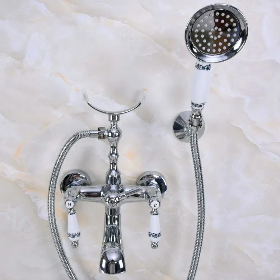 

Современное крепление на стену полированный хромированный латунный Смеситель для ванной комнаты Clawfoot, ручной смеситель для душа, ручной спрей в форме телефона, ana239