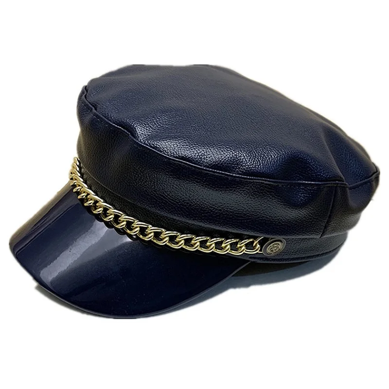 

Women's Flat PU leather Military Hat with Chain Sharp visor Glossy Paint surface British style Navy Captain Cap Baker boy Black