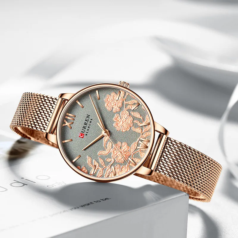 

CURREN Women Wrist Watches Stainless Steel Top Brand Luxury Rose Gold Mesh Band Ladies Watches For Female Clock relogio feminino