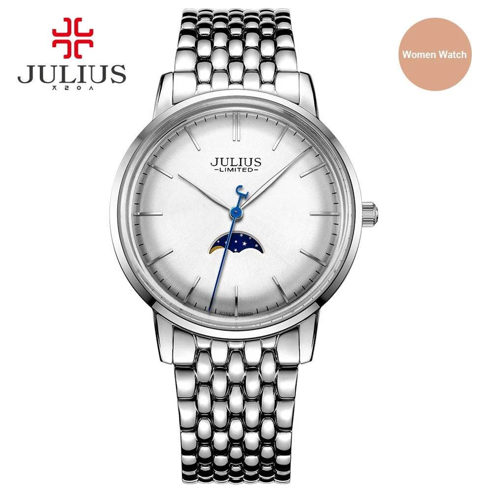 Julius Мода Досуг 316L сталь дорогой кварц Ограниченная серия Moon Phase Высокое качество логотип бренда хронограф часы JAL-041 - Цвет: Silver Women