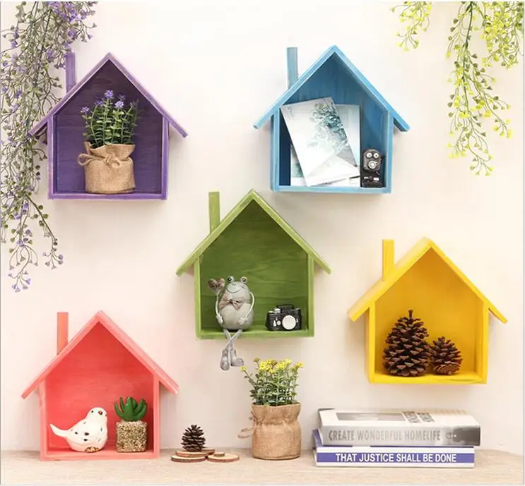 

Woooden Wall Rack Wall Storage Box Multi-use Wall Hanger House Shape Storage Holder Home Furnishings mix color Garden wall rack