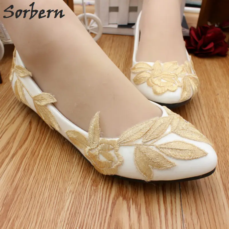 Sorbern/свадебные туфли с золотыми кружевными листьями; свадебные туфли на плоской подошве с острым носком без застежки; Новинка года; туфли на плоской подошве с закрытым носком