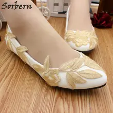 Sorbern/свадебные туфли с золотыми кружевными листьями; свадебные туфли на плоской подошве с острым носком без застежки; Новинка года; туфли на плоской подошве с закрытым носком
