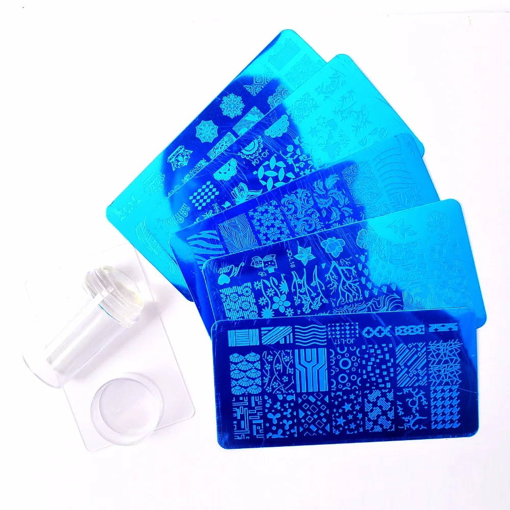 

YWK 5 Pcs 60X120mm Nail Stamping Plate+1pc Clear Jelly Silicone Stamper Scraper Steel Stencils Set Nail Art Template