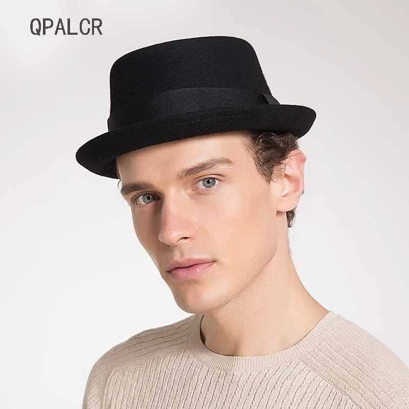 

QPALCR 100% Australia Wool Men's Fedora Hat Pork Pie Hats For Classic Church Wool Felt Hat 2019 New Autumn Winter