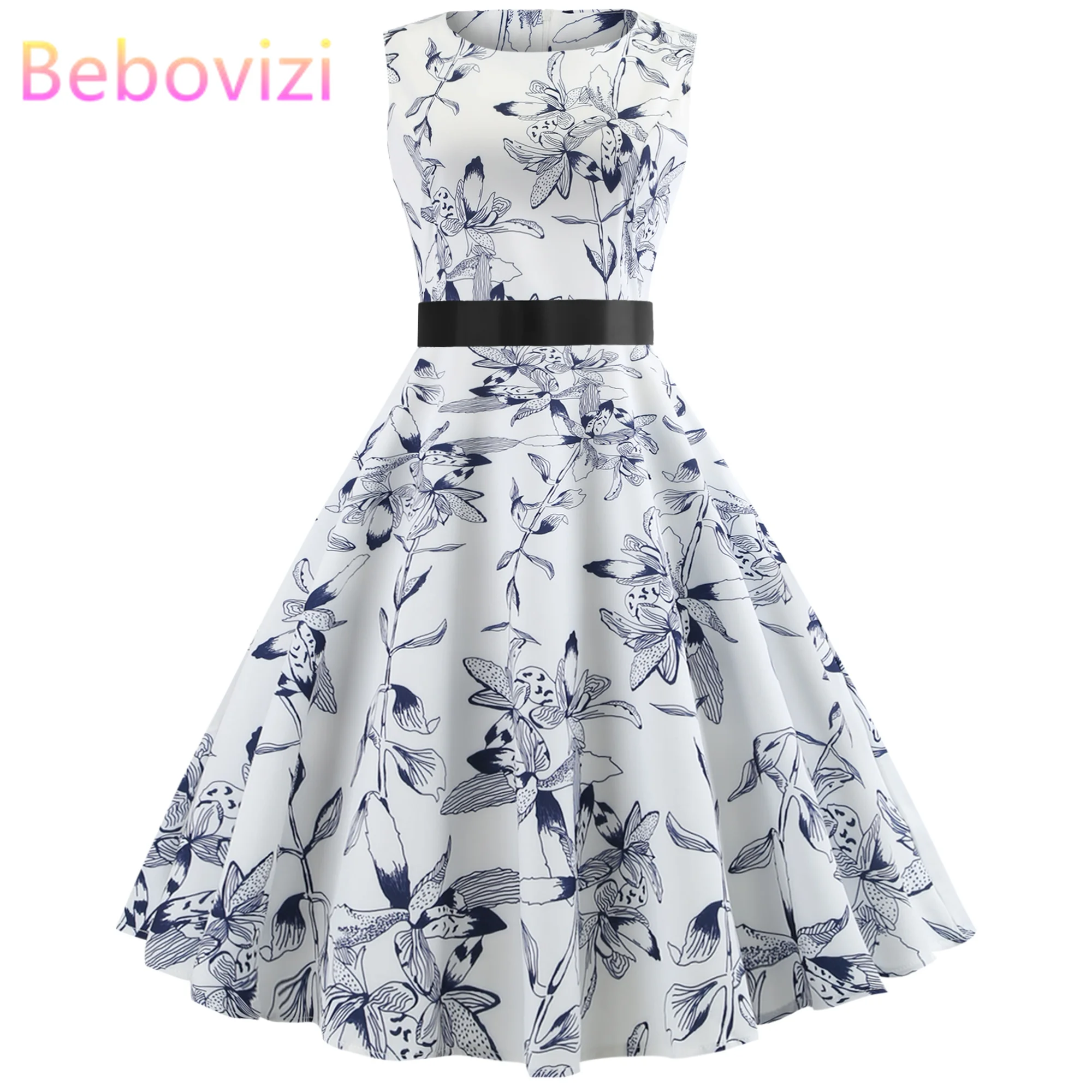 Bebovisi/модное женское винтажное платье года, белое летнее платье с цветочным принтом, Хепберн, 50 s, ретро вечерние платья без рукавов, Бандажное платье