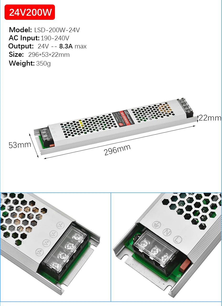 Ультра тонкий DC24V Светодиодный трансформатор 60 Вт 100 Вт 150 Вт 200 Вт 300 Вт Драйвер адаптер питания AC190-240V выключатель питания