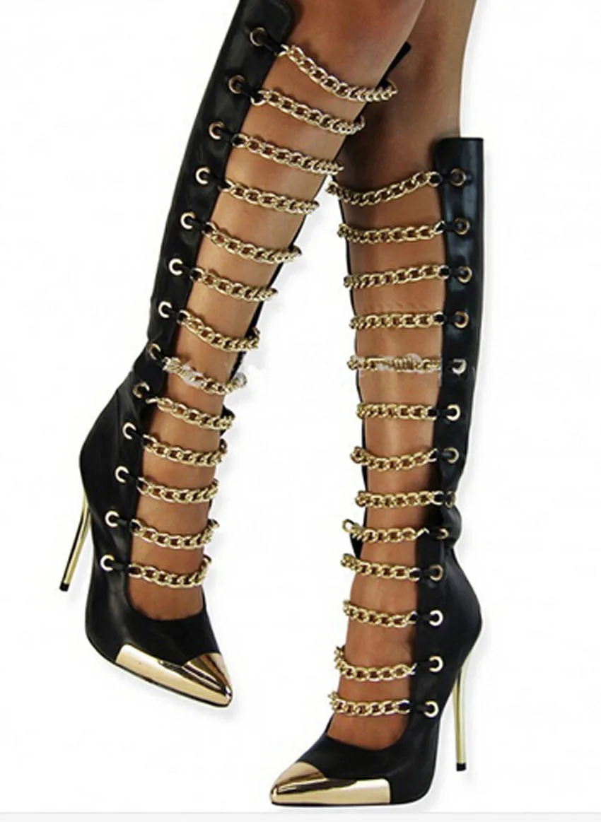 new fashion gold pointed toe chain design knee high gladiator boots cut-outs high heel fashion boots