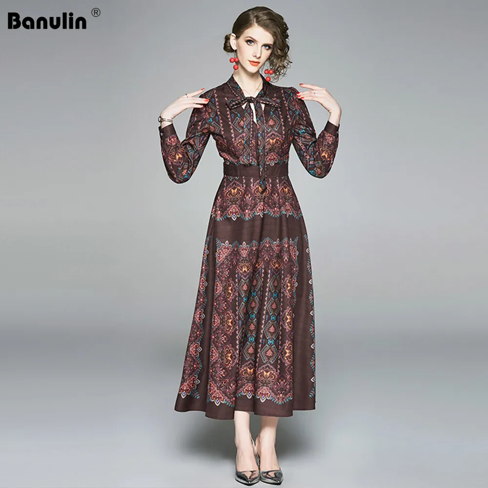 

Women Summer Dress Long Sleeve 2019 High Quality Fashion Luxury Print Vintage Dress Long Maxi Runway Dresses Robe Femme