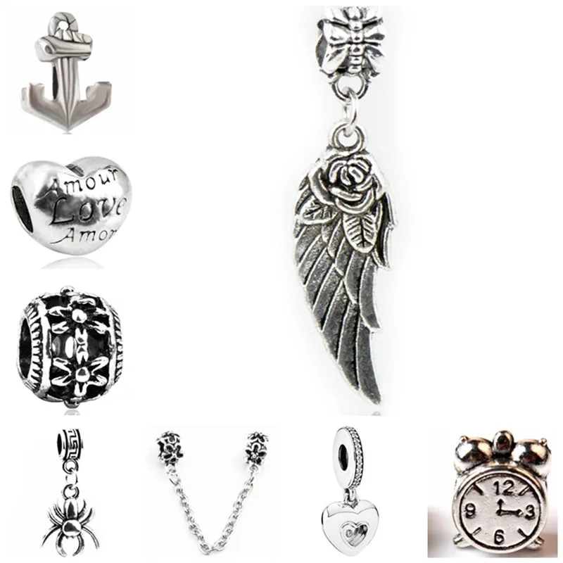 

Punk Style Love Hear Clock Angel Wings Flower Safety Chain Beads Fit Pandora DIY Bangles Necklaces for Women Making Jewelry Gift