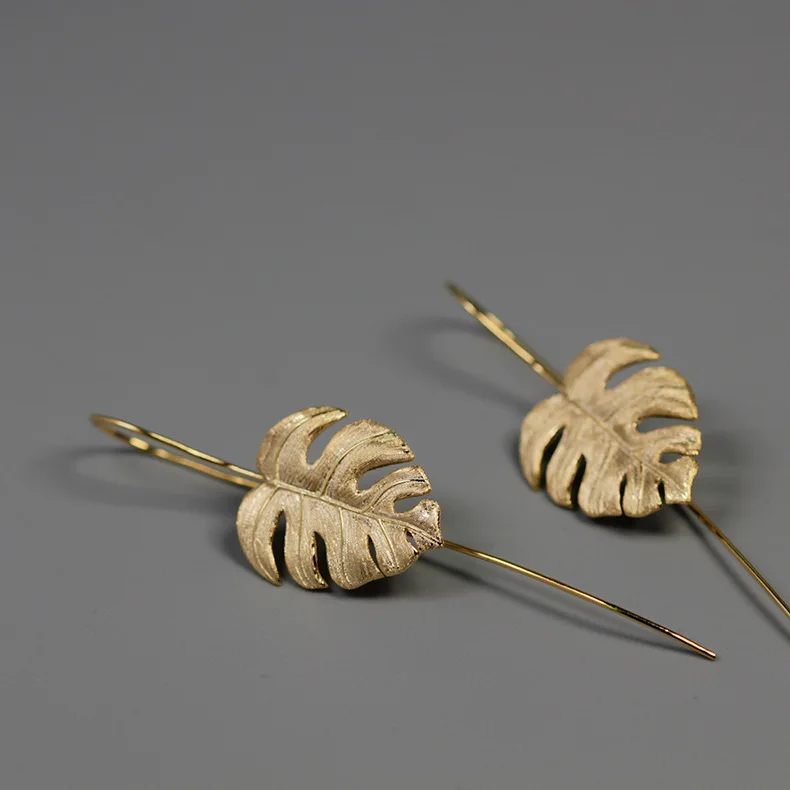 INATURE 925 пробы Серебряные длинные висячие серьги в виде листьев монстеры для женщин модные ювелирные изделия - Окраска металла: Gold