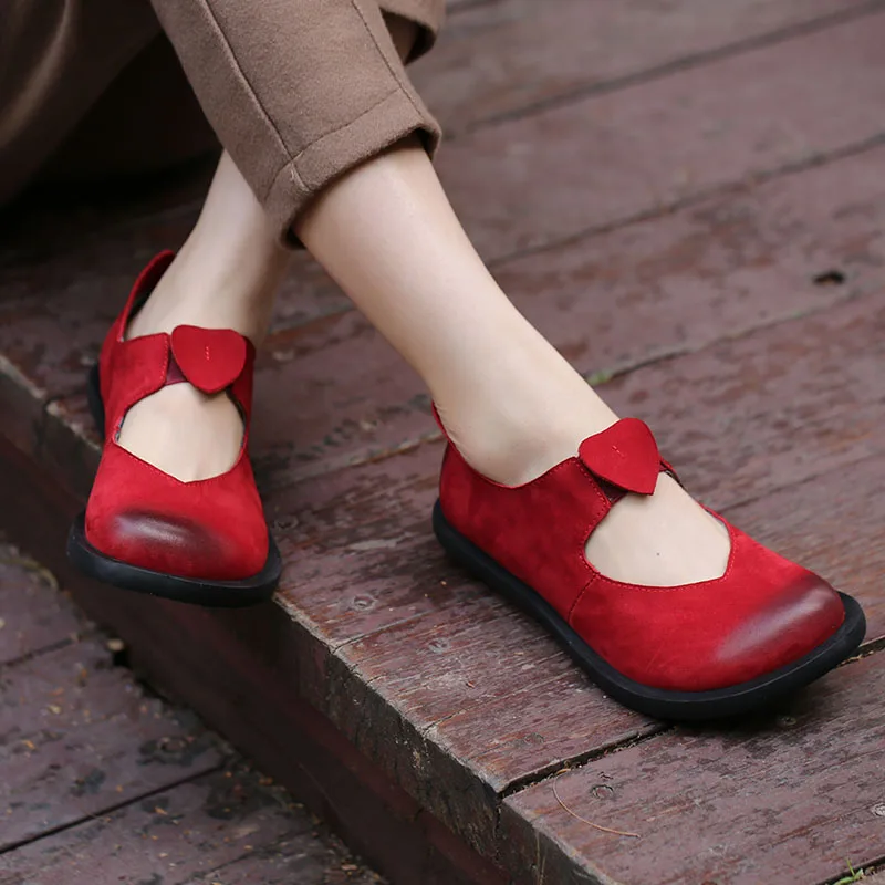 Kopen 2018 Lente Handgemaakte Vintage Vrouwen Flats Koe Suède Ronde Tenen Comfortabele Vrouwen Schoenen Rood Zwart Koffie