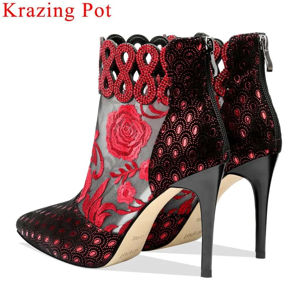 

Krazing Pot natural leather flower embroidery super high heels stiletto 8.5cm heels Summer Spring boots elegant ankle boots L61