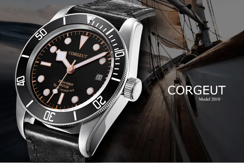 Мужские автоматические механические часы Corgeut в стиле милитари Schwarz Bay, роскошные Брендовые спортивные часы для плавания, кожаные механические наручные часы