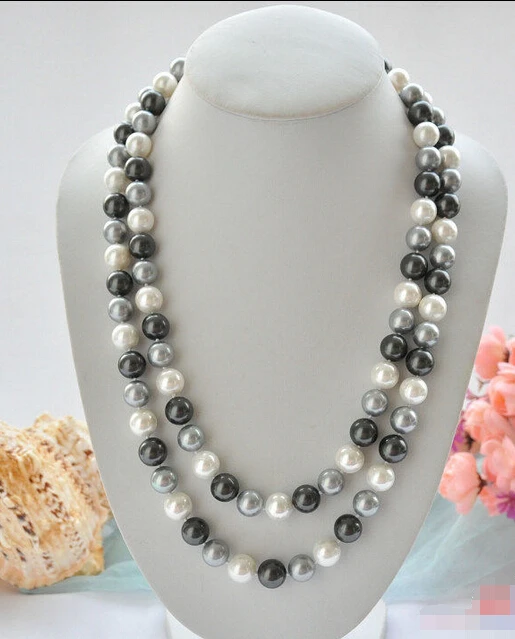 

P5262 50" 12mm white black gray round SOUTH SEA SHELL PEARL NECKLACE^^^@^Noble style Natural Fine jewe FREE SHIPPING