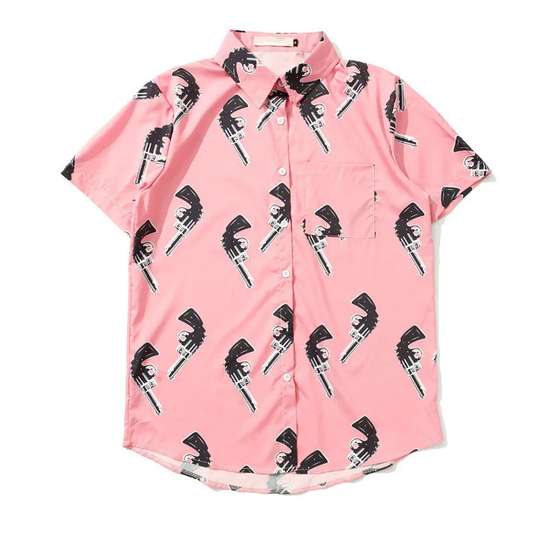 Пара футболок в стиле Харадзюку с коротким рукавом и принтом пистолета; Повседневная футболка для влюбленных - Цвет: pink colour