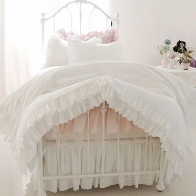 Europe Style Pure 100%cotton Bedding Set King Queen Solid White Pink Princess Sweet Wedding Kit Ruffle Luxury Duvetcover | Дом и сад