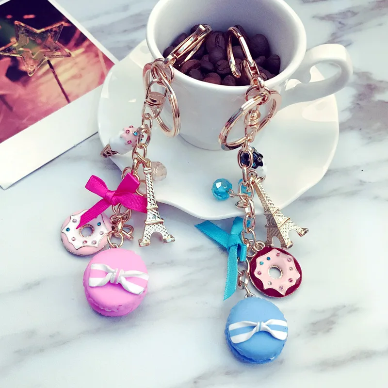 

Macarons Cake Key Chain Candy Colors Cute Girls Donut Keychains Eiffel Tower Bow Ribbon Keyrings Bag Pendant Gift Accessories