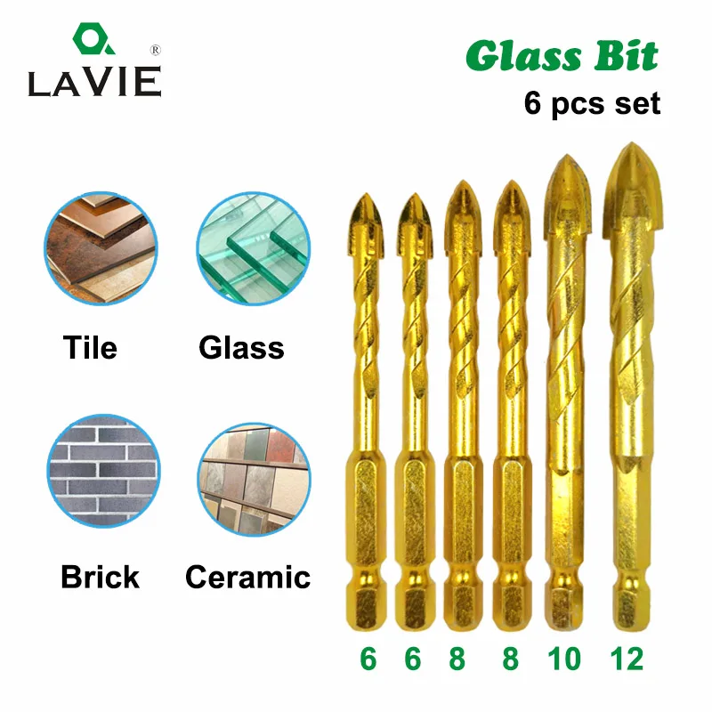 6pcs/Set Hex Titanium Plated Triangle Glass Drill Bits Power Tools Glass Drill Bit 4/5/6/8/10/12mm