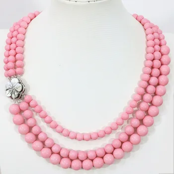 

Pink round shell baking paint glass 8-12mm round beads 3 rows necklace natural abalone flower clasp charms women jewelry B1418