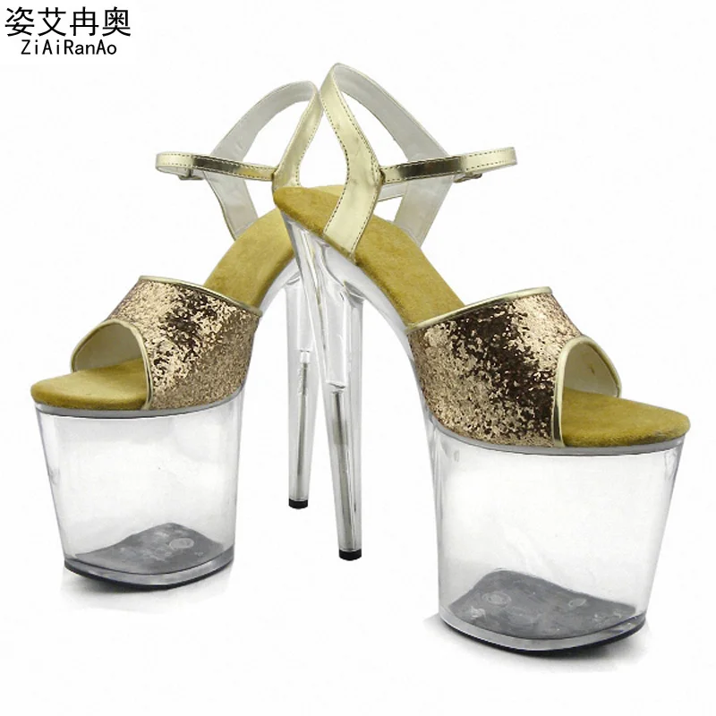 

Bling Glitter Shoes Woman Nightclub Sexy Transparent Crystal Unisex Sandals 10 CM Platform Women Pumps 20 CM Big Size High Heels