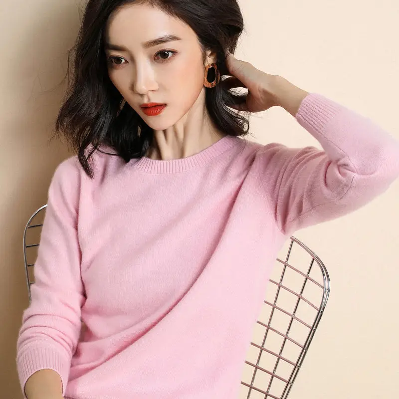 MERRILAMB, высокое качество, вязаные свитера для женщин, Повседневный, круглый вырез, тонкий свитер, женский, мягкий, однотонный, длинный рукав, вязаный пуловер - Цвет: Розовый