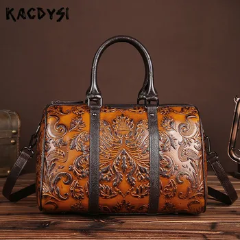 

2020 Design Handmade Vintage Womens Handbag Wiping Color Natural Cowskin Leather Embossed Lady Tote Messenger Bag Europe America