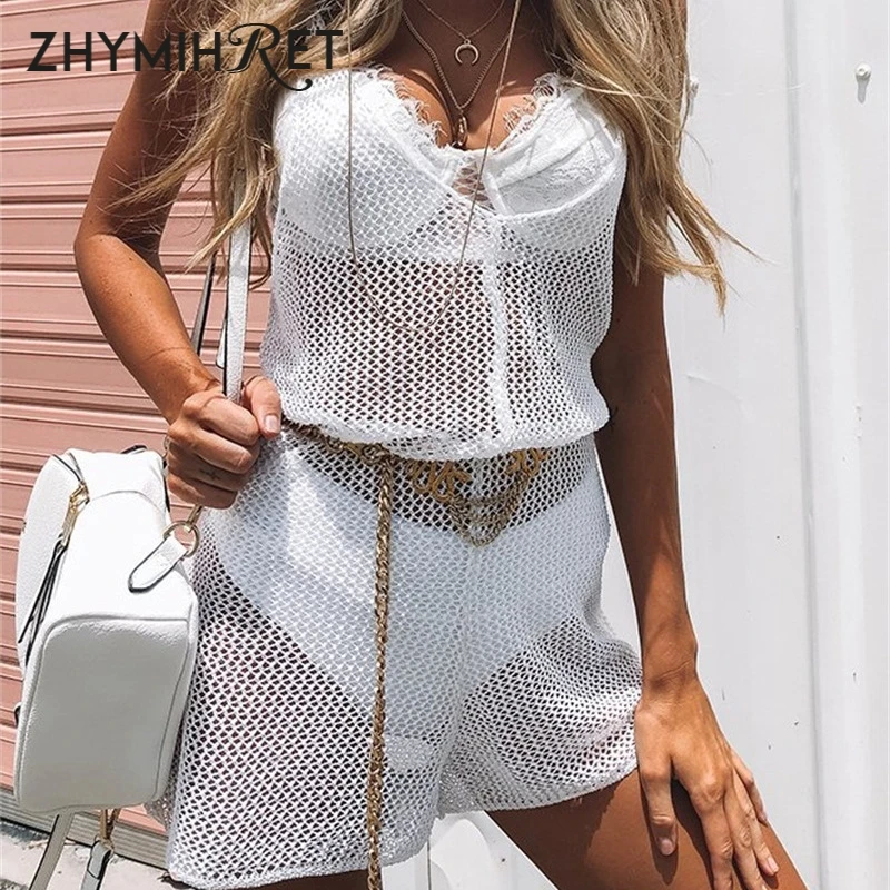 ZHYMIHRET النيون اللون V الرقبة شبكة Playsuit النساء مثير عارية الذراعين انظر من خلال الجسم موهير ارتداءها فام Salopette فام