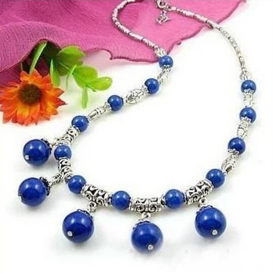 

ZCD 321+++ LOVELY LAPIS LAZULI ROUND BEADS PENDANTS & TIBET SILVER NECKLACE 18"