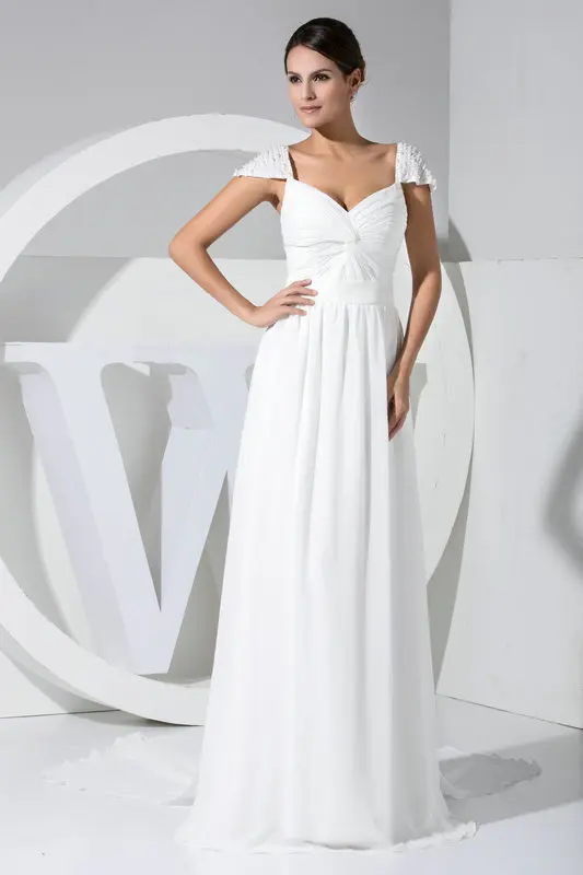 

ms-28 elegant full white evening gown delicate pleated criss-cross bodice beads cap sleeve a line long prom dresses 2015