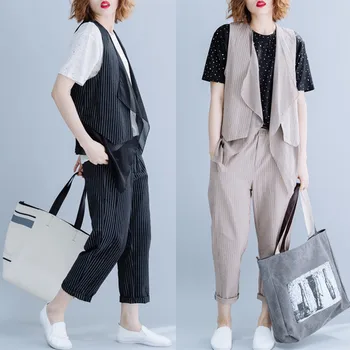 

Literature And Art Tracksuit Women Striped Two Piece Set Top And Pants Sleeveless Women's Summer Suit Ensemble Femme Deux Pieces