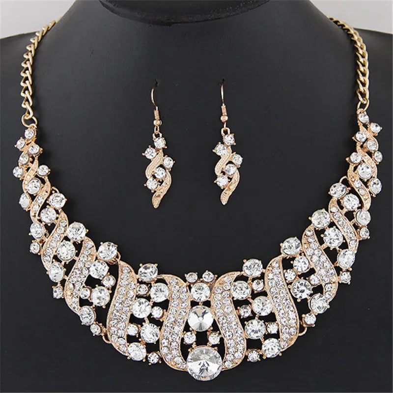

1 Set Women's Girl Gold Color Rhinestone Crystal Chain Necklace Choker Statement Dangle Drop Earrings Jewelry Set collier Party