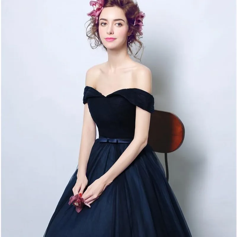 TIANMIYUEDING 2017 Navy Blue Prom Dresses Off Shoulder Pleated Tulle Long Evening Gowns Cheap Elegant Formal Party Dress
