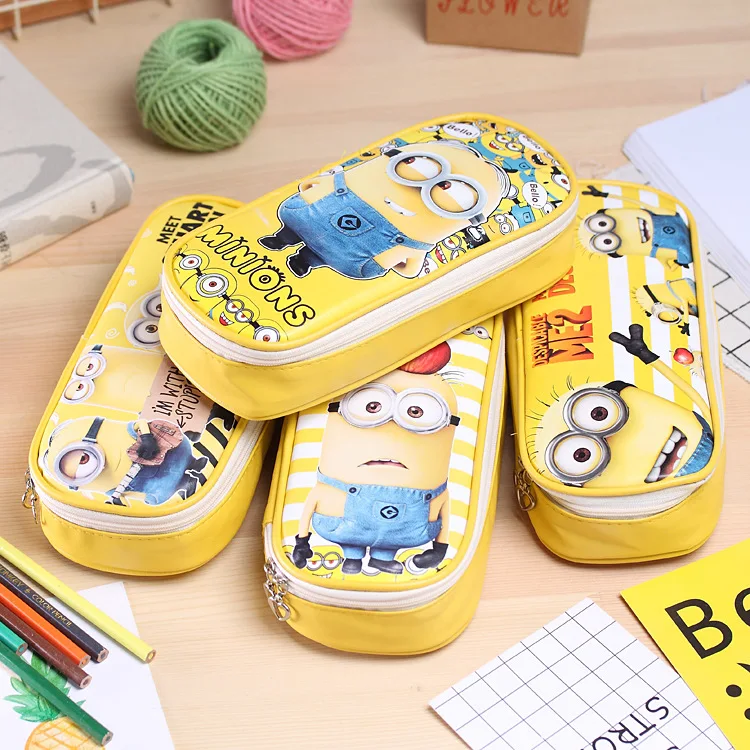 

Minions Leather pencil bag Big capacity zipper cute school pencill case for girls kawaii Stationery office school supplie