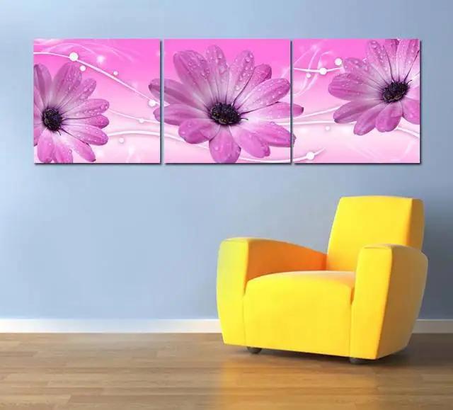 Modern Purple Daisy Flower Canvas Wall Paintings 3 Piece Canvas Wall
