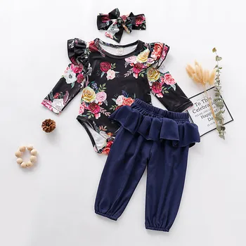 

Toddler Kids Baby Girls Ruffled Floral Print Tops Pants Hair Band Outfits Sets