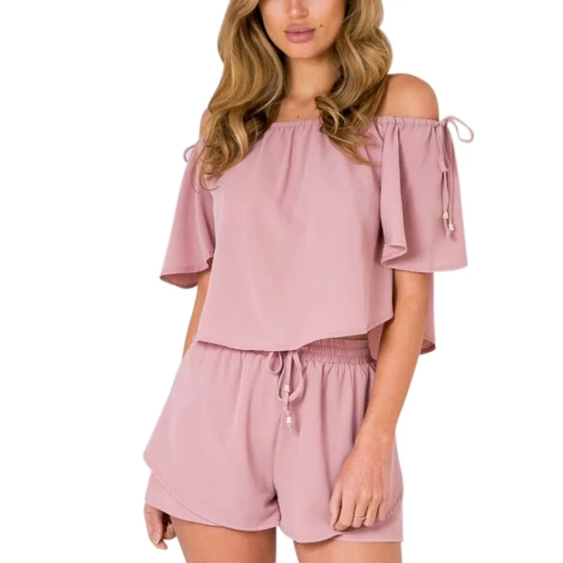 

Fashion Summer Women Chiffon T-Shirt Pink Off Shoulder Top T-Shirt Shorts Pants Playsuit Set